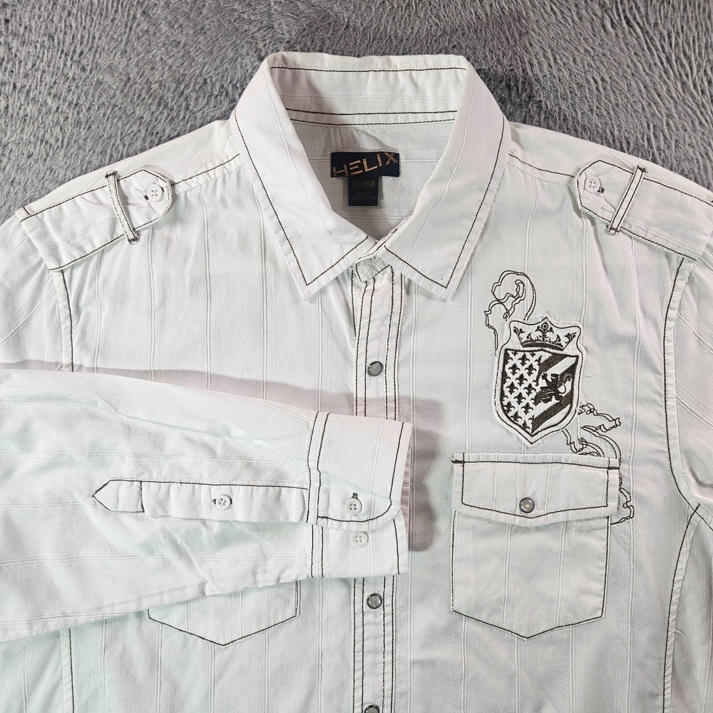 Helix Shirt Men XL Snap Button Long‎ Sleeve Brown Trim White Striped